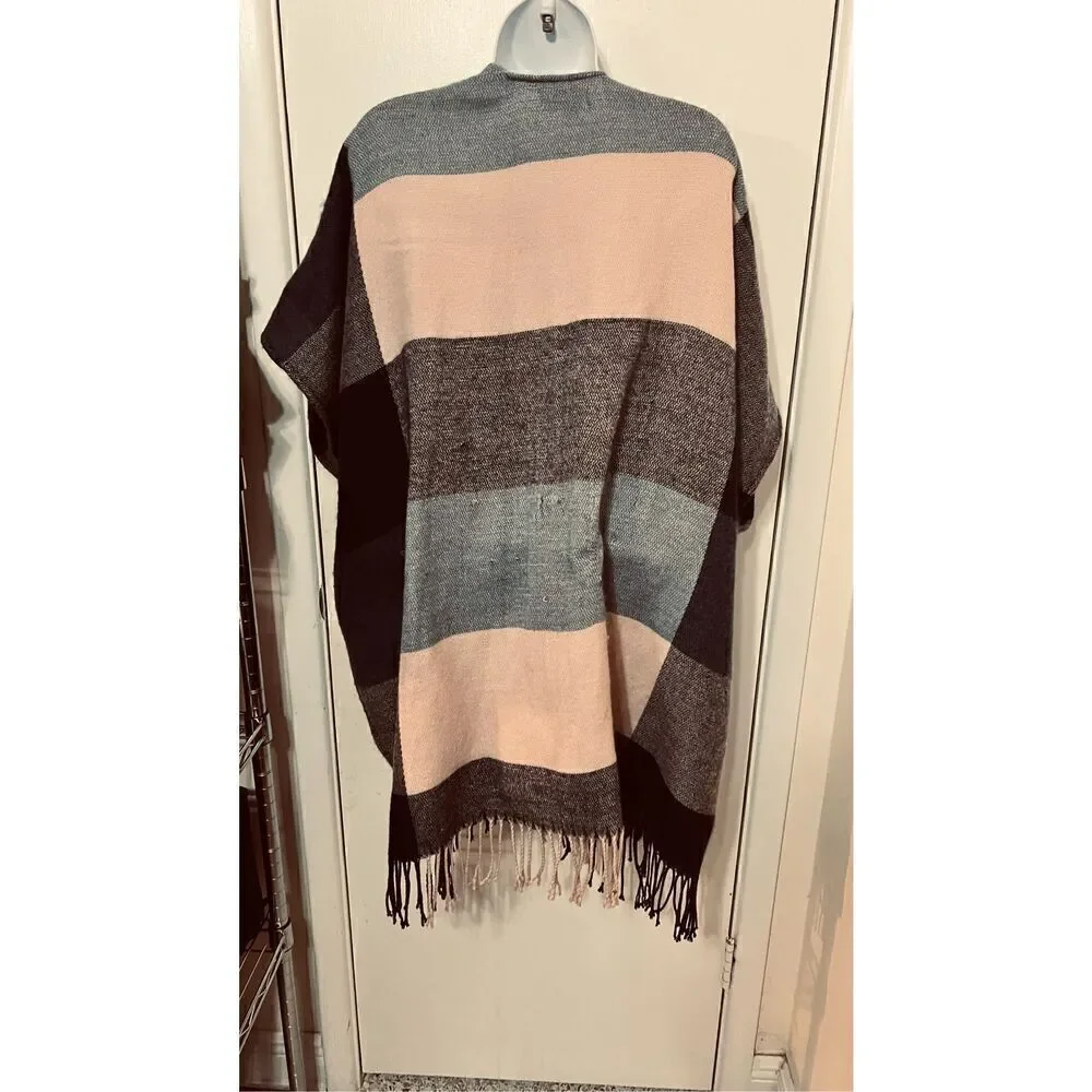 Ann Taylor Loft Pink Gray Blue Plaid Poncho Shawl Wrap One SIze
